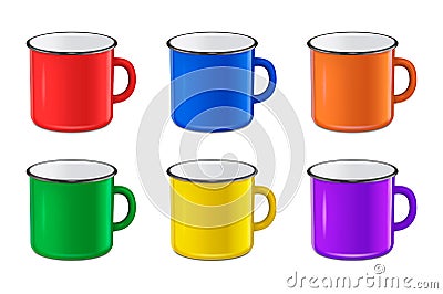 Vector realistic enamel metal red, blue, green and yellow mug set on white background. EPS10 design template Vector Illustration