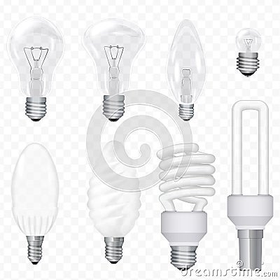 Vector realistic energy saving light bulbs lamps isolated on the background. Lightbulb set. Vector Illustration