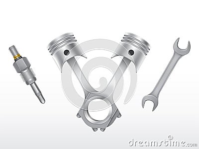 Vector realistic engine pistons, spark plug, wrench Vector Illustration