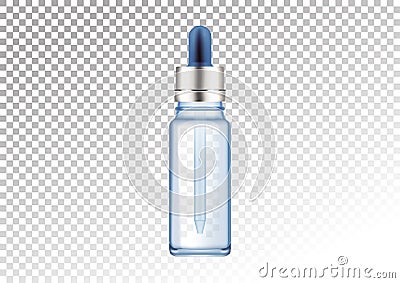 Vector realistic glass bottle. Cosmetic vials for oil, liquid essential, collagen serum. Vector illustration isolated on white-tra Cartoon Illustration