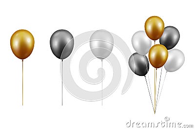 Vector Realistic Glossy Metallic Gold, Black, White Balloon Set Closeup Isolated on White Background. Bunch, Group Vector Illustration