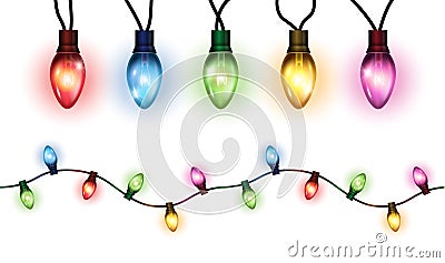 Vector realistic glowing colorful christmas lights in seamless pattern and individual hanging light bulbs isolated on white backgr Vector Illustration