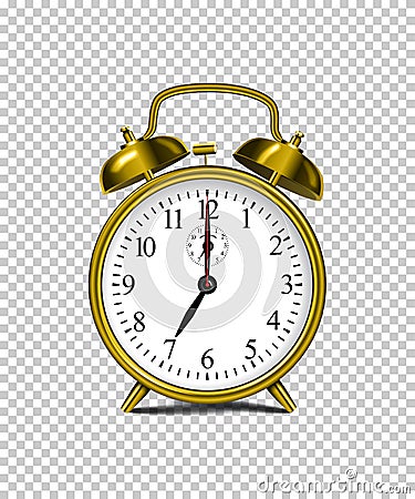 Vector realistic golden alarm clock on transparent background. Vector Illustration