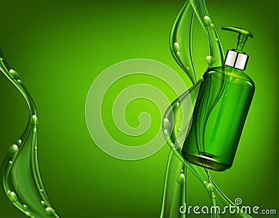 Vector realistic, green, transparent bottle 3d with soap pump o Vector Illustration