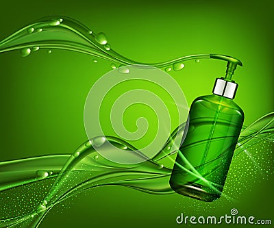 Vector realistic, green, transparent bottle 3d with soap pump o Vector Illustration