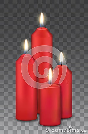 Vector realistic group of four red burning candles - advent, christmas decorations Vector Illustration