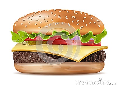 Vector Realistic Hamburger Classic Burger American Cheeseburger Vector Illustration
