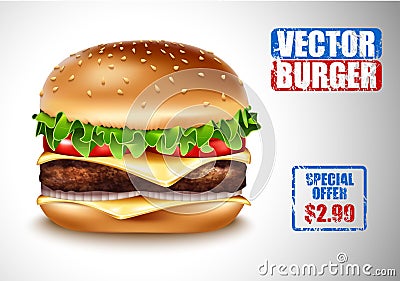Vector Realistic Hamburger. Classic Burger American Cheeseburger with Lettuce Tomato Onion Cheese Beef on white Background Vector Illustration