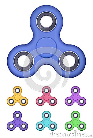 Vector realistic hand spinner colored set. Fidget toy for increased focus, stress relief illustration. EPS 10. Vector Illustration