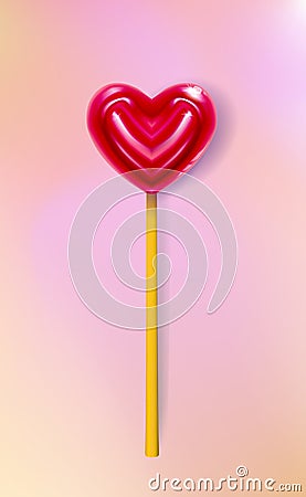 Vector realistic heart lollipop, candy 3d closeup, happy valentines day greeting card, banner. Romantic love from caramel good Vector Illustration