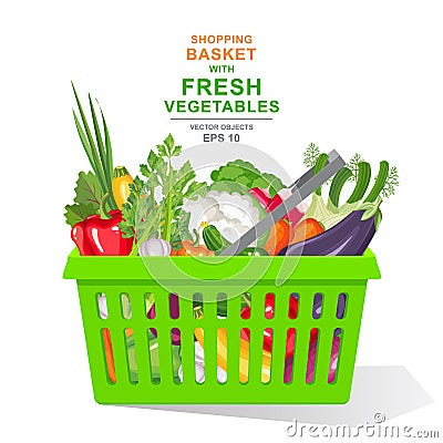 Vector realistic illustration. Colorful fresh organic vegetables and herbs in green shopping basket isolated on white background Vector Illustration