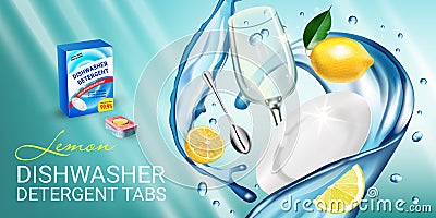 Lemon fragrance dishwasher detergent tabs ads. Vector realistic Illustration with dishes in water splash and citrus fruits. Horizo Vector Illustration