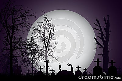 Vector realistic illustration of a haunted cemetery with tombstones and hand zombie, cross and trees without leaves under a drama Vector Illustration