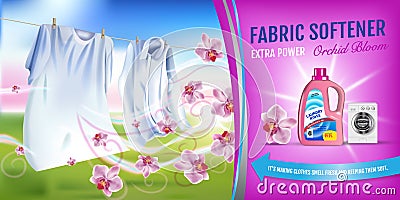 Orchid fragrance fabric softener gel ads. Vector realistic Illustration with laundry clothes and softener rinse container. Horizon Vector Illustration