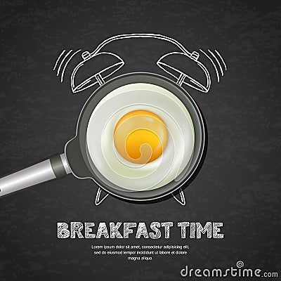 Vector realistic illustration of pan with fried egg and hand drawn alarm clock on black board slate background. Vector Illustration