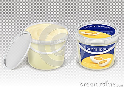 Vector realistic illustration of plastic transparent buckets with food products Vector Illustration