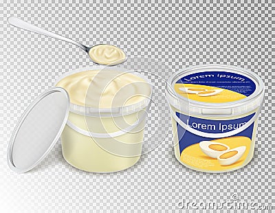 Vector realistic illustration of plastic transparent buckets with food products Vector Illustration