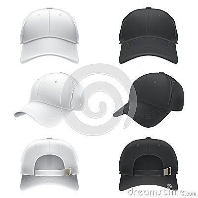 Vector realistic illustration of a white and black textile baseball cap front, back and side view Vector Illustration