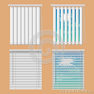 Vector realistic illustration windows with open and close horizontal and vertical blind curtains. Vector Illustration