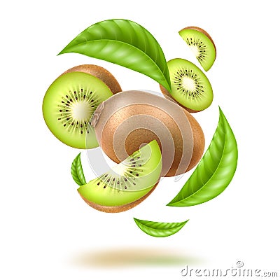 Vector realistic kiwi swirl motion with leaves Vector Illustration