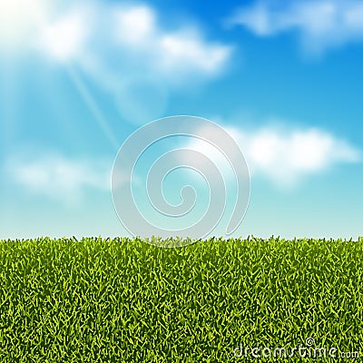 Vector realistic landscape. Green grass field or meadow and blue sky with clouds. Summer or spring background Vector Illustration