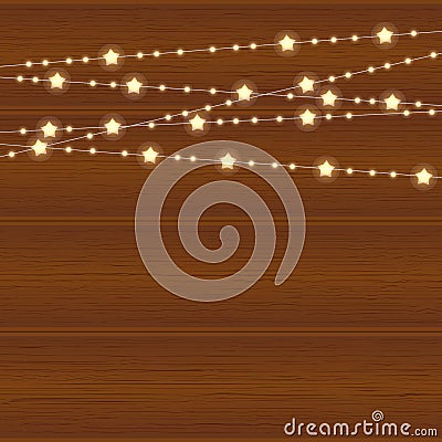 Vector realistic lantern garland on wood background with snowflakes Vector Illustration