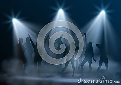 Vector realistic music club scene with spotlights, smoke and silhouettes of dancing young people Vector Illustration