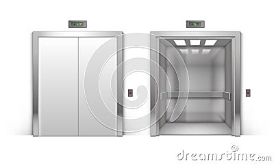 Vector Realistic Open and Closed Chrome Metal Office Building Elevator Doors Isolated on Background Vector Illustration