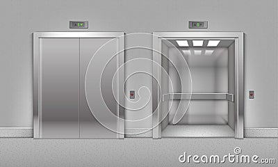 Vector Realistic Open and Closed Chrome Metal Office Building Elevator Doors Isolated on Background Vector Illustration