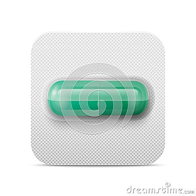 Vector Realistic Pharmaceutical Medical Green Pill, Vitamins, Capsule in Blister Closeup Isolated. Pill in Blister Vector Illustration