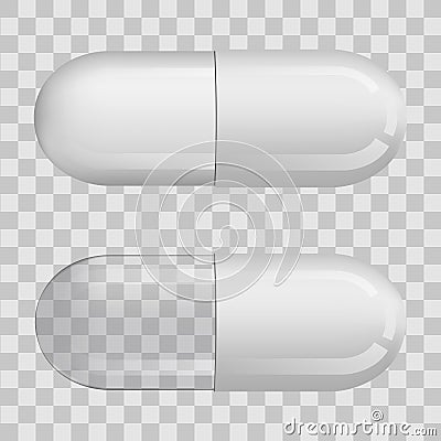 Pills capsules isolated on transparent background. Medicines, tablets, capsules, drug of painkillers, antibiotics, vitamins. Vector Illustration