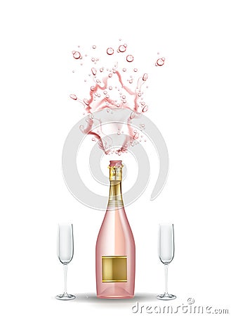 Vector realistic pink champagne explosion, glasses Vector Illustration