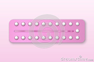 Vector Realistic Pink Packaging of Birth Control Pills in Blister Closeup Isolated. Contraceptive Pill, Hormonal Tablets Vector Illustration