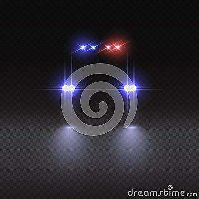 Vector realistic police car light effect on dark transparent background. Vector Illustration