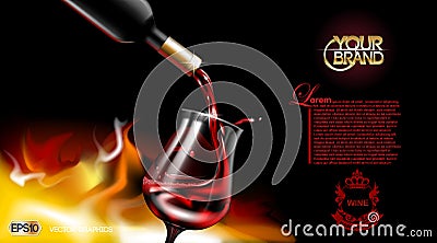 Vector Realistic Pouring Red Wine Glass. Logo advertise mock up. Vibrant background with place for your branding. 3d Vector Illustration