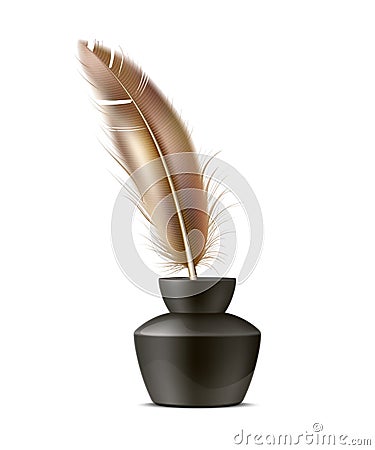 Vector realistic quill pen in inkpot, feather pen Vector Illustration