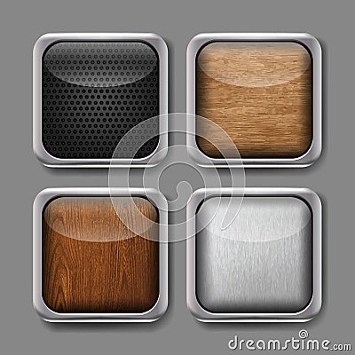 Vector realistic set of app buttons. Icons with metal modern frame and wooden, metallic, carbon finish Stock Photo