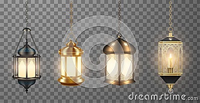 Vector realistic set of beautiful muslim ornamental lamps lanterns hanging on chainlets Stock Photo