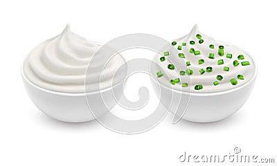 Vector bowls with sour cream and sliced chives Vector Illustration