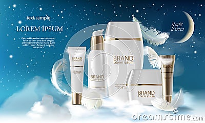 Skin care cream night series. Jar, spray, container with cosmetic cream on night background with clouds. Vector Vector Illustration