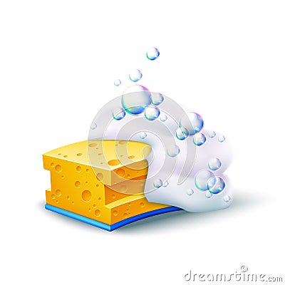 Vector realistic sponge with colorful soapy bubble Vector Illustration