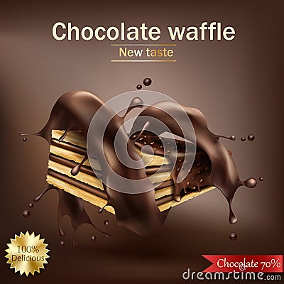 Waffle with chocolate filling wrapped in spiral melted chocolate Vector Illustration