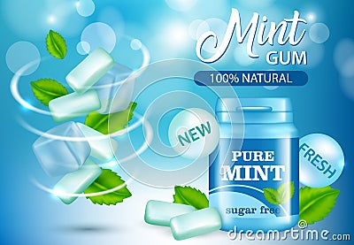 New pure mint and sugar free chewing gum ad, vector realistic illustration Vector Illustration