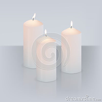 Vector realistic three candles with fire on grey background with mirror reflection. Vector Illustration