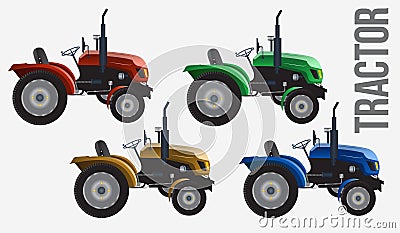 Vector realistic tractor a side view in four color mode. Modern agricultural machine isolated on gray background Vector Illustration