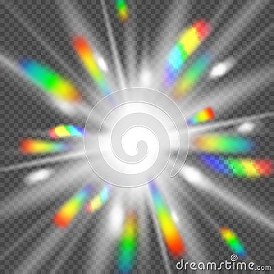 Vector Realistic Transparent Radiance with Bright Rainbow Rays. Radiant Colorful Bokeh Effect Vector Illustration