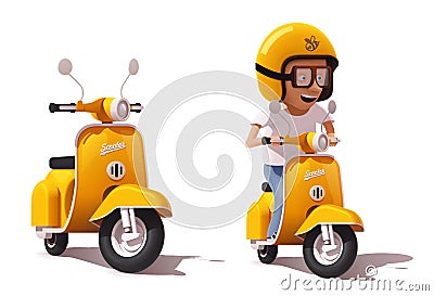 Vector realistic vintage yellow scooter and scooter driver icon Vector Illustration