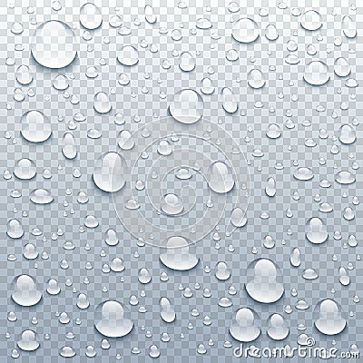 Vector realistic water drops on transparent background. Rain drops without shadows for transparent surface. Many forms and sizes. Vector Illustration