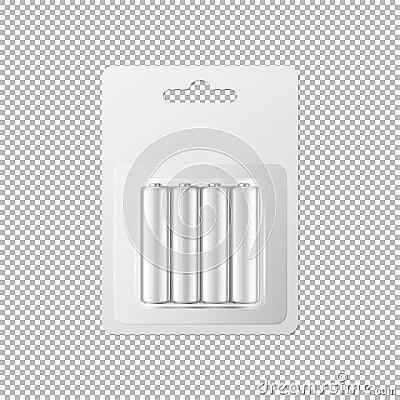 Vector realistic white alkaline AA batteries in blister packed icon set. Design template for branding, mockup. Closeup Vector Illustration