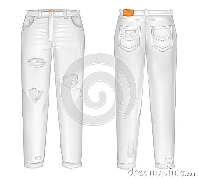 Vector realistic white jeans with rips, gaps. Unisex trousers isolated on white background. Casual pants 3d illustration Vector Illustration